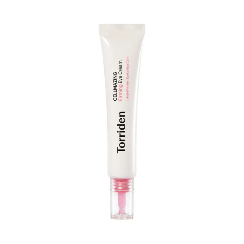 Hvid tube med "Torriden Cellmazing Firming Eye Cream" tekst og gennemsigtigt låg.