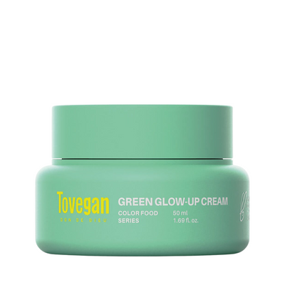Grøn krukke med Tovegan Green Glow-Up Cream, 50 ml. Tekst i gul og hvid.