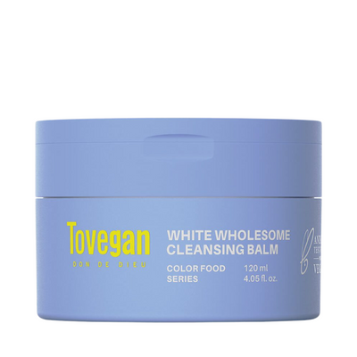 Lys blå krukke med teksten "Tovegan" og "White Wholesome Cleansing Balm", 120 ml, Color Food Series.