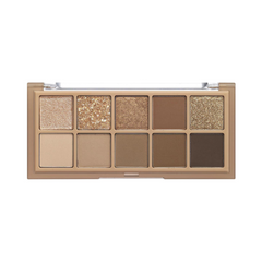 Øjenskyggepalette med 10 nuancer: matte og glitrende brune og cremefarver. Rom&nd Mahogany Garden.
