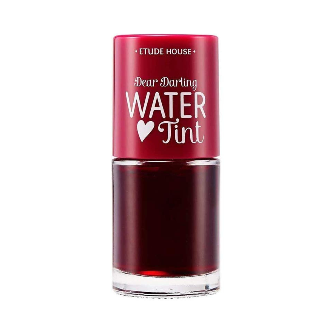Rød hætte med hvid tekst: "Etude House Dear Darling Water Tint", flaske indeholder mørkerød tint.