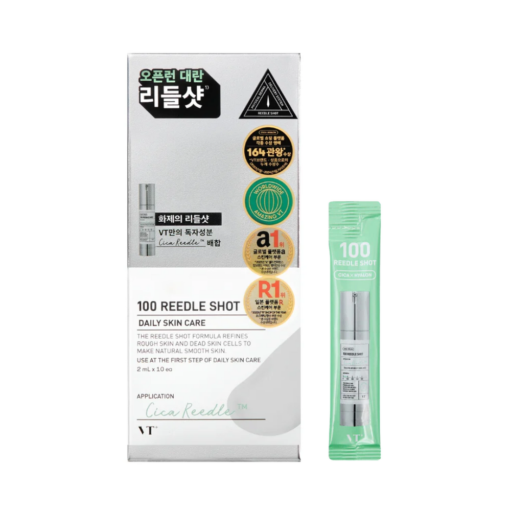 VT Cosmetics 100 Reedle Shot: grå æske med koreansk tekst, mintgrøn pose ved siden af.