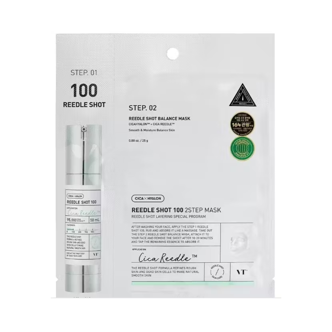 VT Cosmetics Reedle Shot 100 2-Step Mask i hvid emballage med produktinformation.