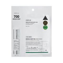 VT Cosmetics 2-trins maske med serumflaske og maske i pose, mærket med produktdetaljer.