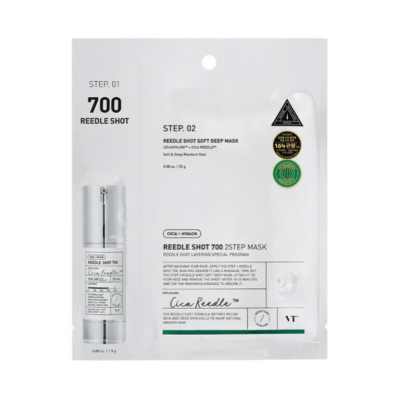 VT Cosmetics 2-trins maske med serumflaske og maske i pose, mærket med produktdetaljer.