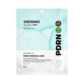 Lys blå pakke med tekst "DRESSING hydro MASK" og "PDRN HYDROGEL MASK".