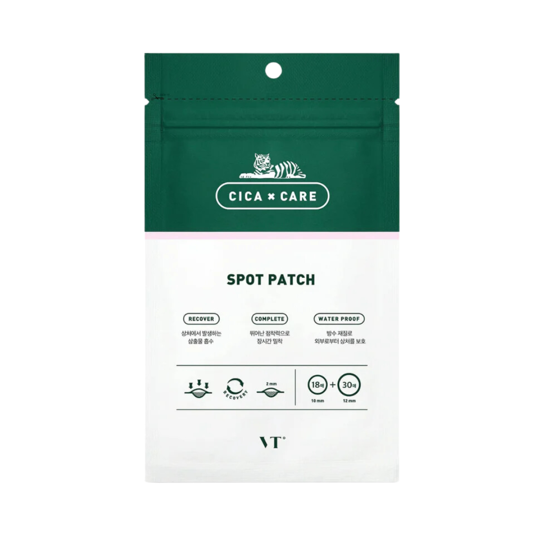 Grøn og hvid emballage med tigerlogo, tekst "CICA CARE" og "SPOT PATCH" fra VT Cosmetics.