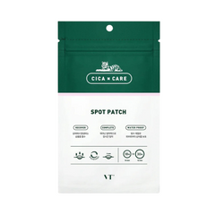 Grøn og hvid emballage med tigerlogo, tekst "CICA CARE" og "SPOT PATCH" fra VT Cosmetics.