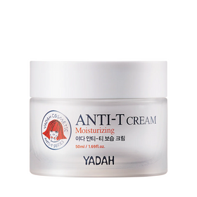 Hvid krukke med sort tekst "ANTI-T CREAM" og orange "Moisturizing", logo med ansigt, 50ml.