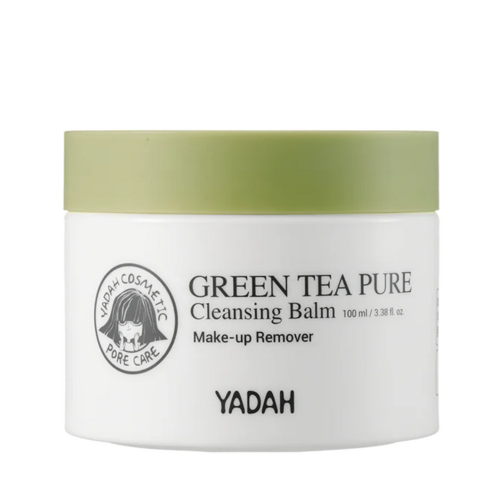 Krukke med grøn låg, mærket "Green Tea Pure Cleansing Balm" af Yadah, makeupfjerner, 100 ml.