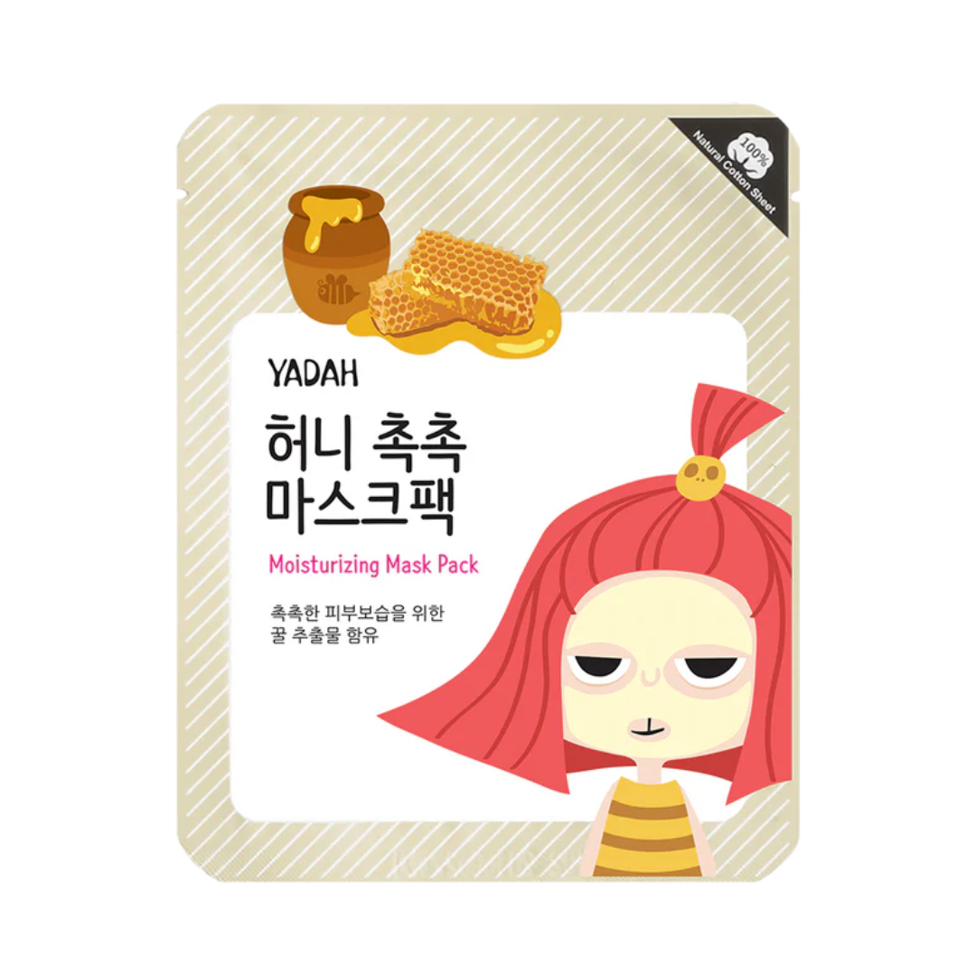 Maskeemballage med honningkager og rød-håret tegneseriefigur, produktnavn på koreansk.