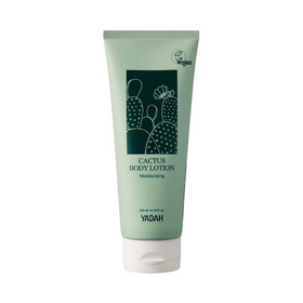 Grøn tube med Yadah Cactus Body Lotion, kaktusillustration, vegan- og fugtgivende mærkning.