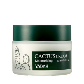 Hvid krukke med mørkegrønt låg, kaktusillustration og tekst "Cactus Cream 50 ml".