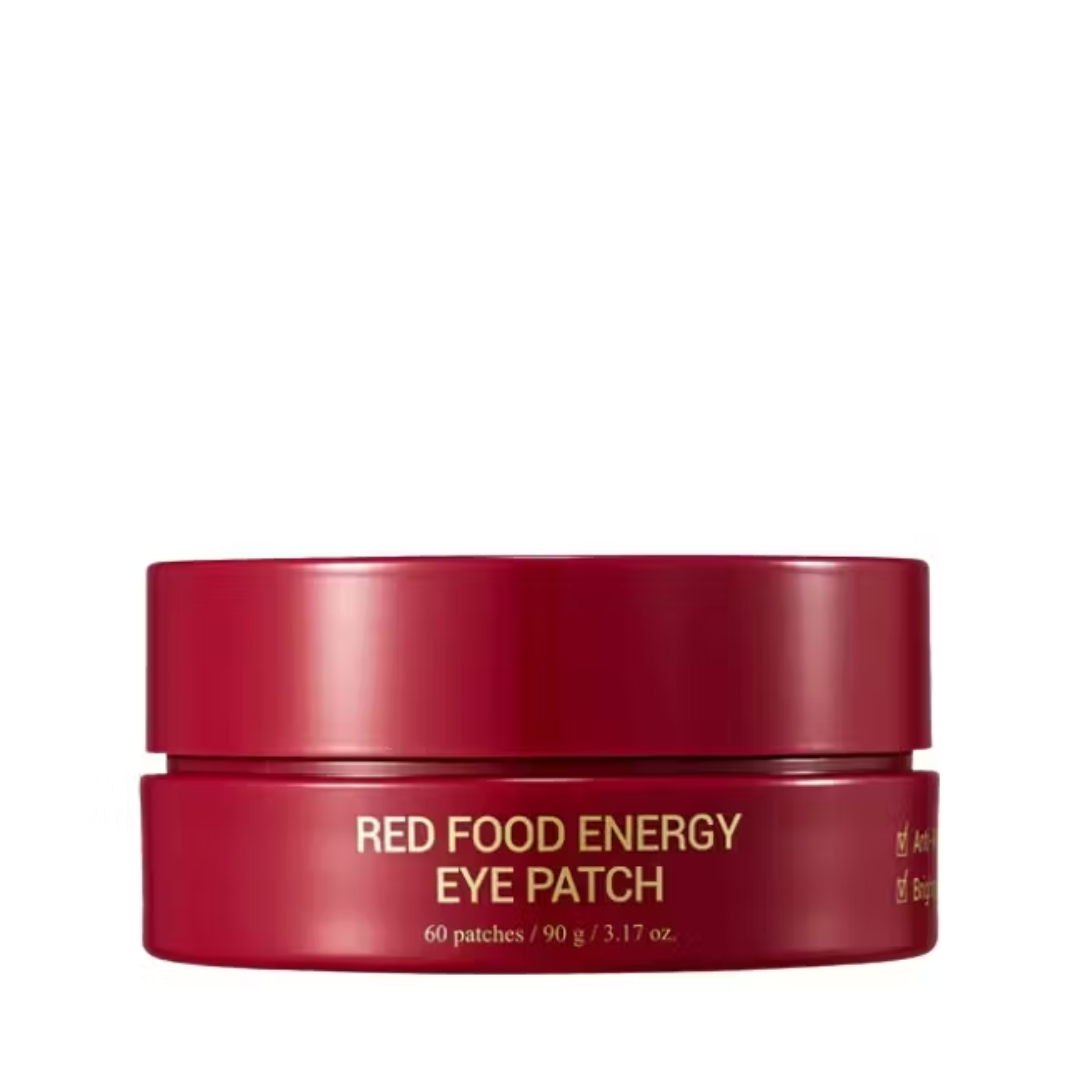 Rød beholder med teksten "Red Food Energy Eye Patch" og produktinfo.