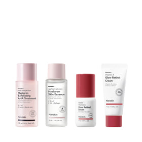 Fire Hanskin-produkter: AHA-behandling, Hyaluron-essens, Retinol-serum, Retinol-creme.