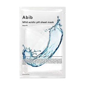 Abib Mild Acidic pH Sheet Mask Aqua Fit med vandstænkmotiv på hvid baggrund.