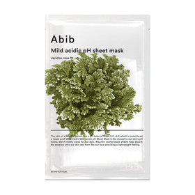 Pakke med grøn plante og tekst: "Abib Mild acidic pH sheet mask, Jericho rose fit."