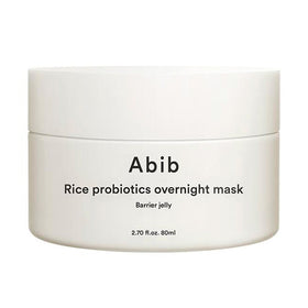 Hvid krukke med teksten "Abib Rice Probiotics Overnight Mask", 80ml.