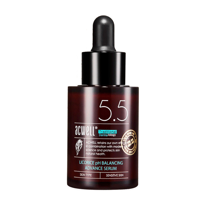 Mørk flaske med pipette, mærket "Acwell 5.5 Licorice pH Balancing Advance Serum" til sensitiv hud.