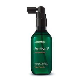 Grøn flaske med spraydyse, mærket "Aromatica Active V Anti-Hair loss."