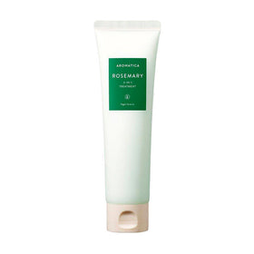 Hvid tube med grøn etiket, "Aromatica Rosemary 3-in-1 Treatment," vegansk formel.