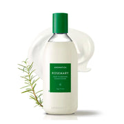 Flaske med Aromatica Rosemary Conditioner, grøn hætte, rosmarinkvist og cremet klat bagved.