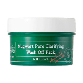 Grøn beholder med hvidt låg, tekst "Mugwort Pore Clarifying Wash Off Pack" og "AXIS-Y".