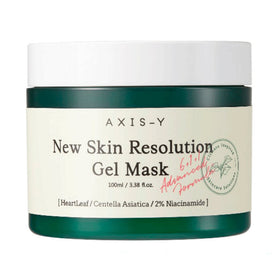 Grøn krukke med hvidt låg, mærket "Axis-Y New Skin Resolution Gel Mask" med ingredienser.