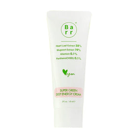 Hvid tube med grøn tekst: Barr, Super Green Deep Energy Cream, 58% Heart Leaf, 60 ml, vegan.