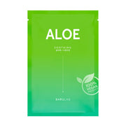 Grøn pakke med teksten "Aloe", "Soothing" og "100% Vegan Product" med et bladikon.