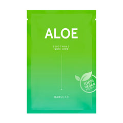 Grøn pakke med teksten "Aloe", "Soothing" og "100% Vegan Product" med et bladikon.