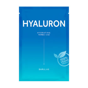 Blå emballage med teksten "HYALURON", "HYDRATING", "BARULAB" og "100% VEGAN PRODUCT" med blade.