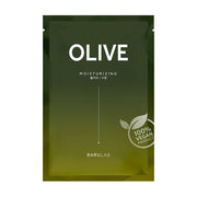 Grøn pakke med "OLIVE", "MOISTURIZING", "BARULAB" og "100% VEGAN PRODUCT" med bladsymbol.