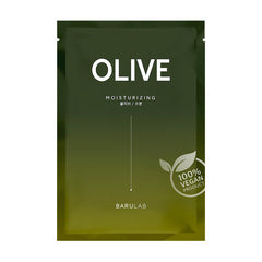 Grøn pakke med "OLIVE", "MOISTURIZING", "BARULAB" og "100% VEGAN PRODUCT" med bladsymbol.