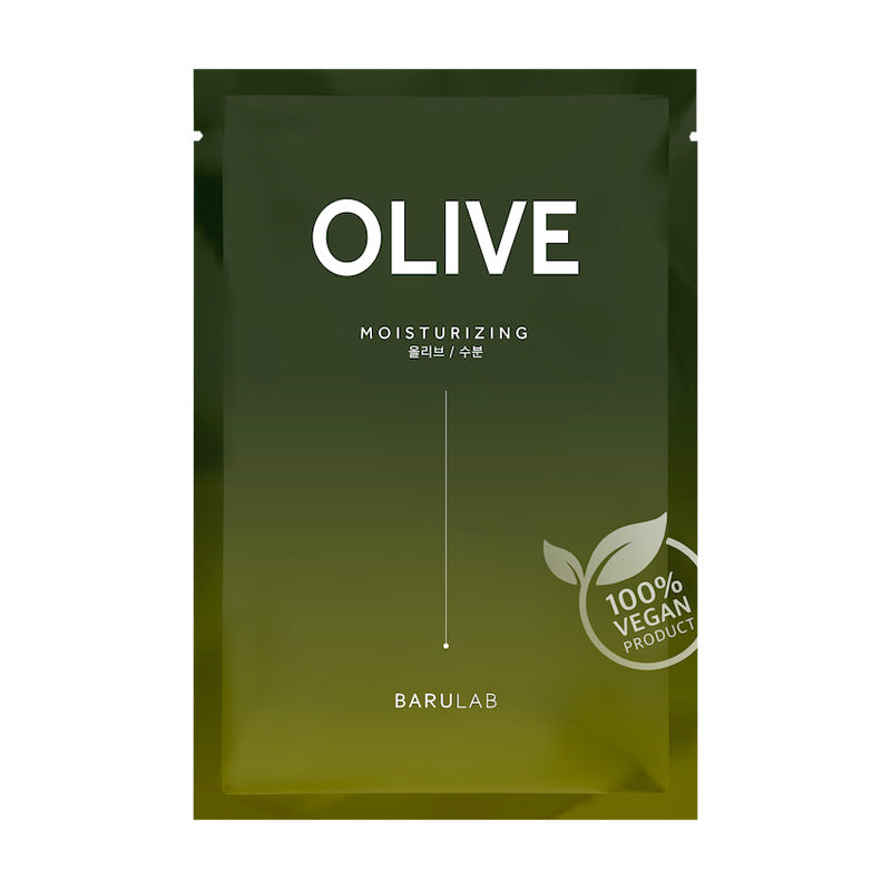 Grøn pakke med "OLIVE", "MOISTURIZING", "BARULAB" og "100% VEGAN PRODUCT" med bladsymbol.