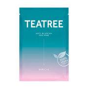 Teal og pink emballage med teksten "Teatree Anti Blemish", Barulab logo og "100% Vegan Product".
