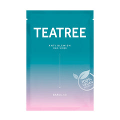 Teal og pink emballage med teksten "Teatree Anti Blemish", Barulab logo og "100% Vegan Product".