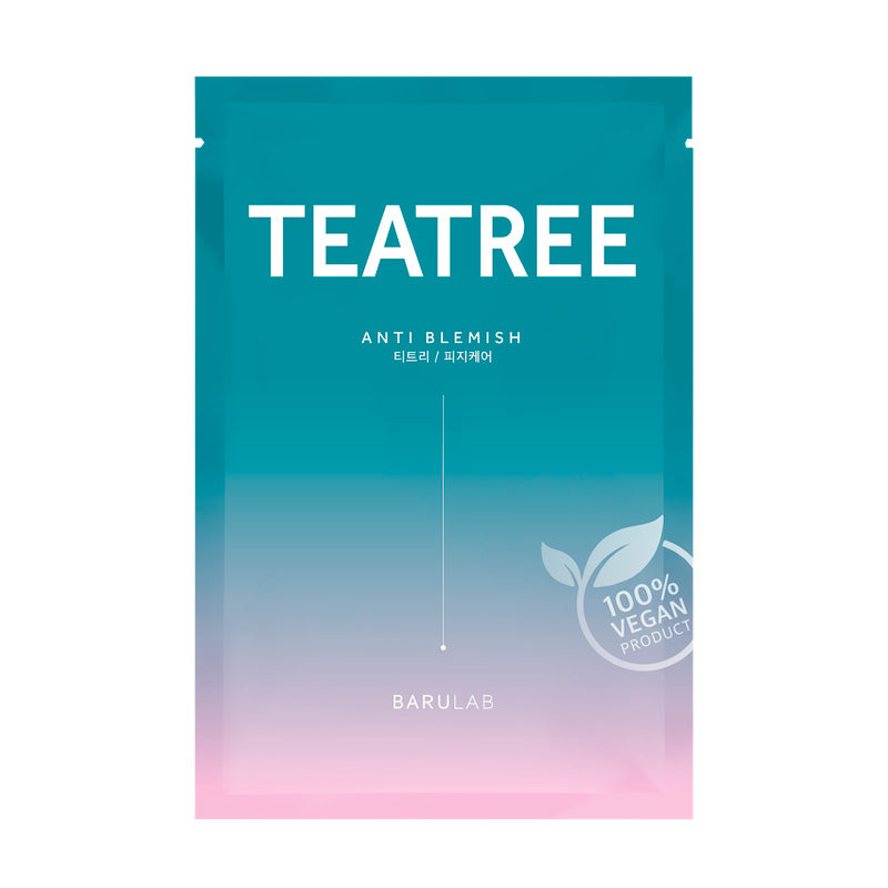 Teal og pink emballage med teksten "Teatree Anti Blemish", Barulab logo og "100% Vegan Product".