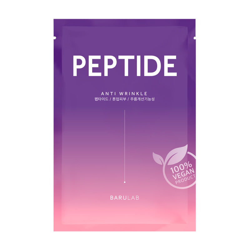 Lilla og pink emballage med "PEPTIDE", "ANTI WRINKLE" og "100% VEGAN PRODUCT".