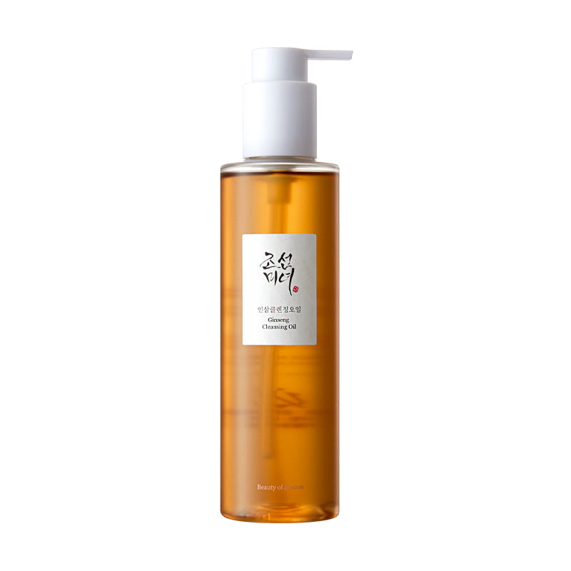 Klar flaske med ravfarvet væske, hvid pumpe og etiket med koreansk tekst og "Ginseng Cleansing Oil".
