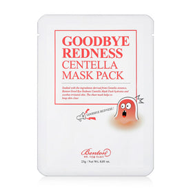 Hvid pakke med rød tekst "Goodbye Redness Centella Mask Pack" og en tegneseriefigur.