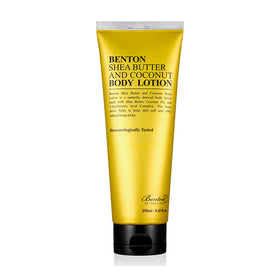 Gul tube med sort tekst: Benton Shea Butter & Coconut Body Lotion, 250 ml, dermatologisk testet.