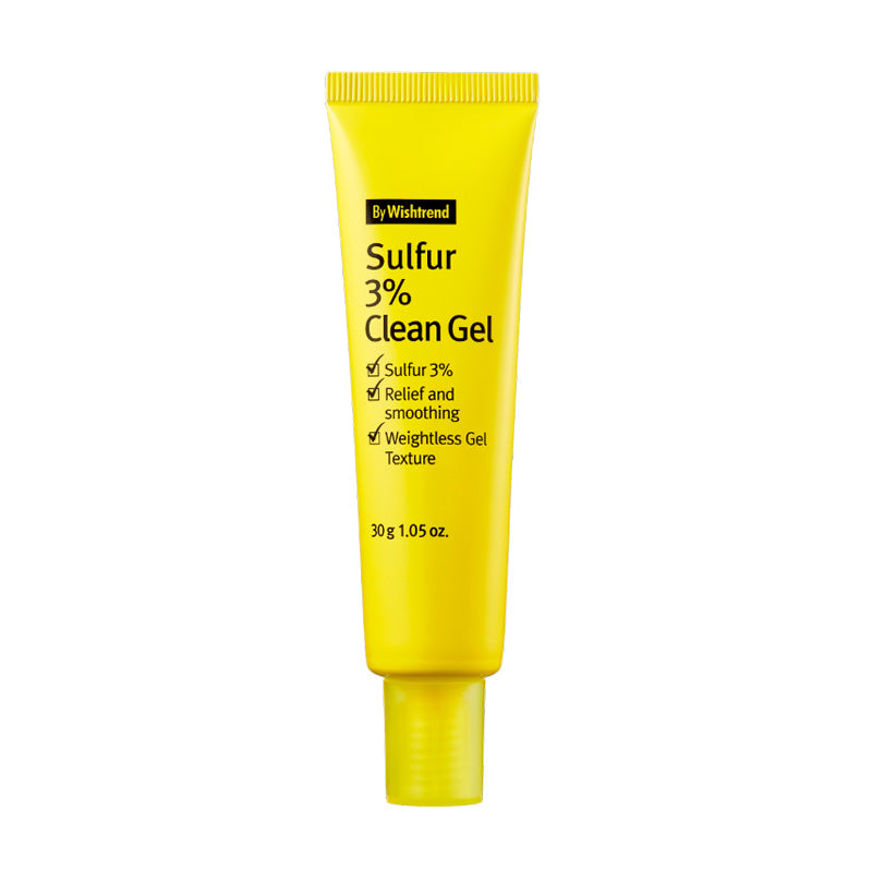 Gul tube med "Sulfur 3% Clean Gel" fra By Wishtrend. Fordele: lindring, udglatning, vægtløs gel.