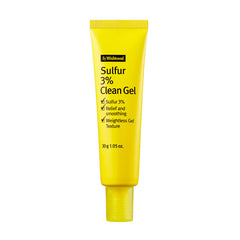 Gul tube med "Sulfur 3% Clean Gel" fra By Wishtrend. Fordele: lindring, udglatning, vægtløs gel.