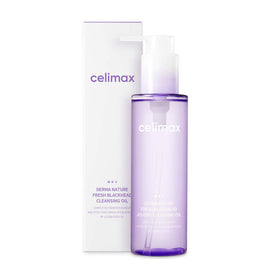 Lilla gennemsigtig flaske med pumpe og hvid kasse med Celimax Derma Nature Fresh Blackhead Cleansing Oil.