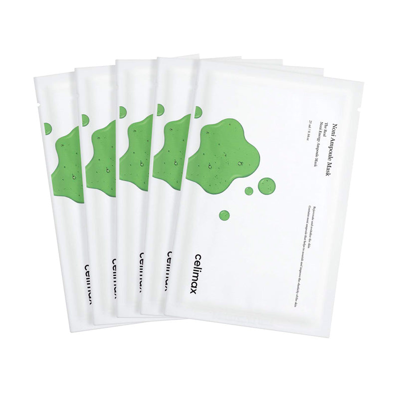 Flere pakker af Celimax Noni Energy Ampoule Mask med grøn blob-design på hvid baggrund.