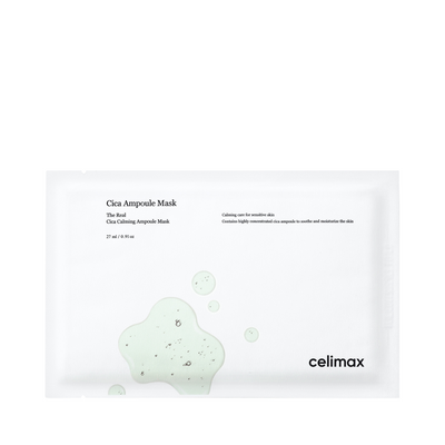 Hvid pakke med sort tekst og grøn væskedesign, angiver Celimax Cica Ampoule Mask til følsom hud.