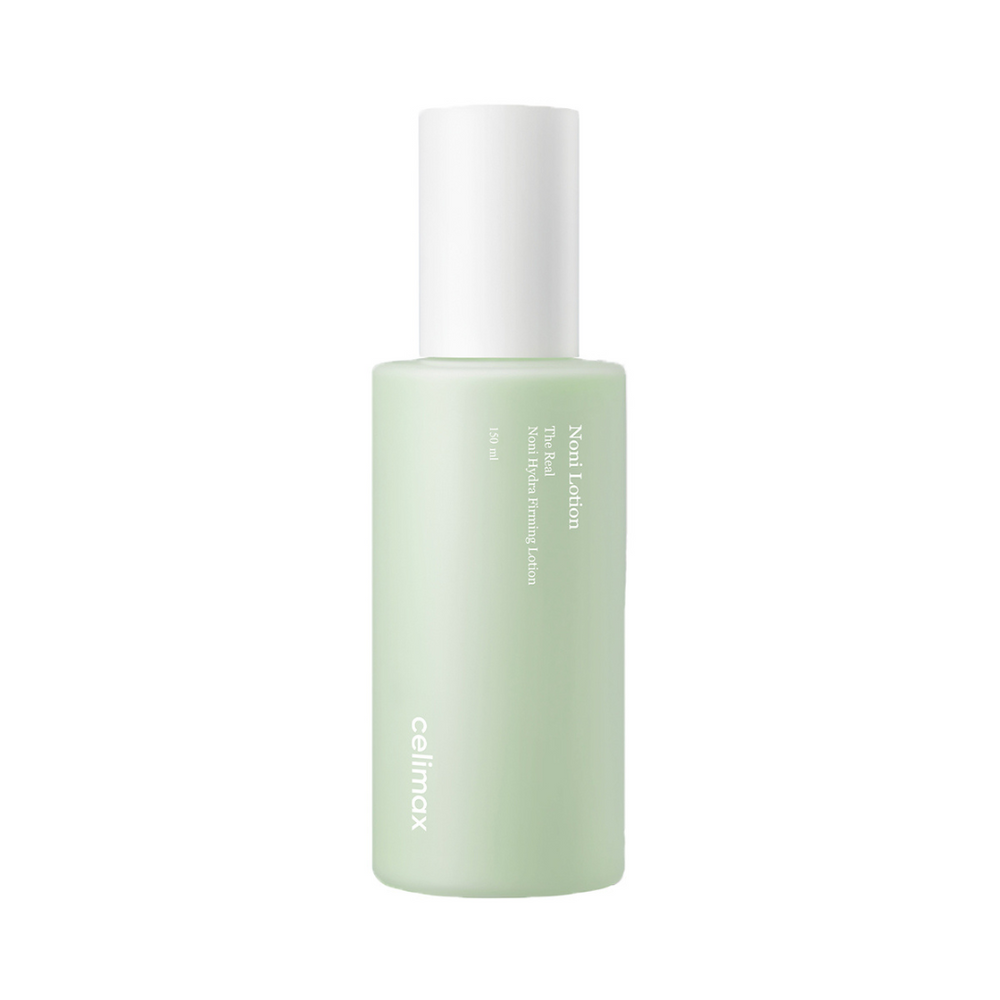 Lysegrøn flaske med hvidt låg. Tekst: "celimax", "Noni Lotion", "150 ml".