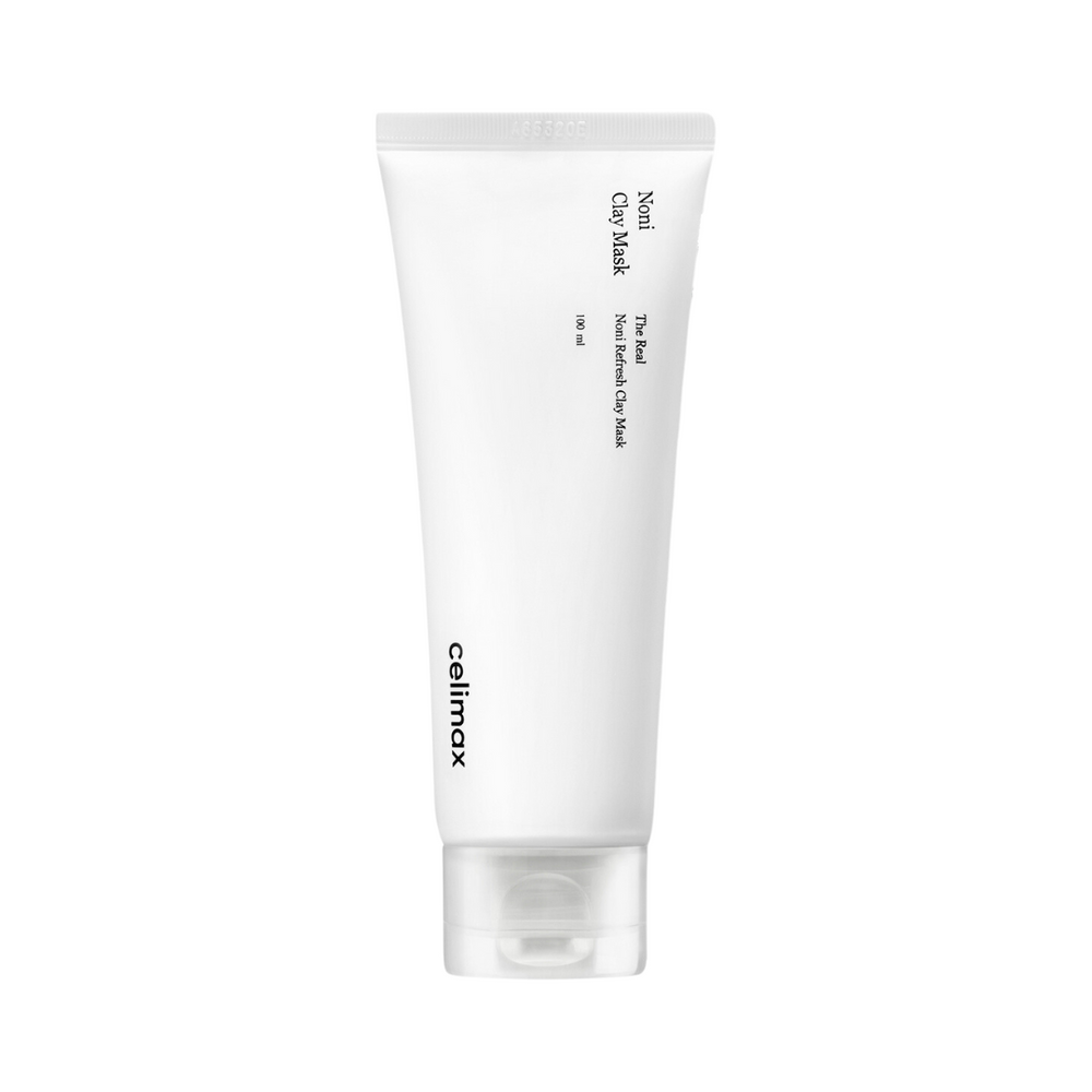 Hvid tube med sort tekst "Noni Clay Mask" og "celimax", gennemsigtig hætte.