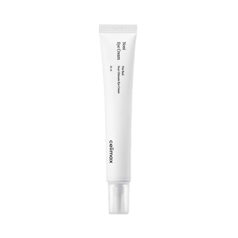 Hvid tube med teksten "Noni Eye Cream" og "celimax" på siden. Enkel og elegant emballage.